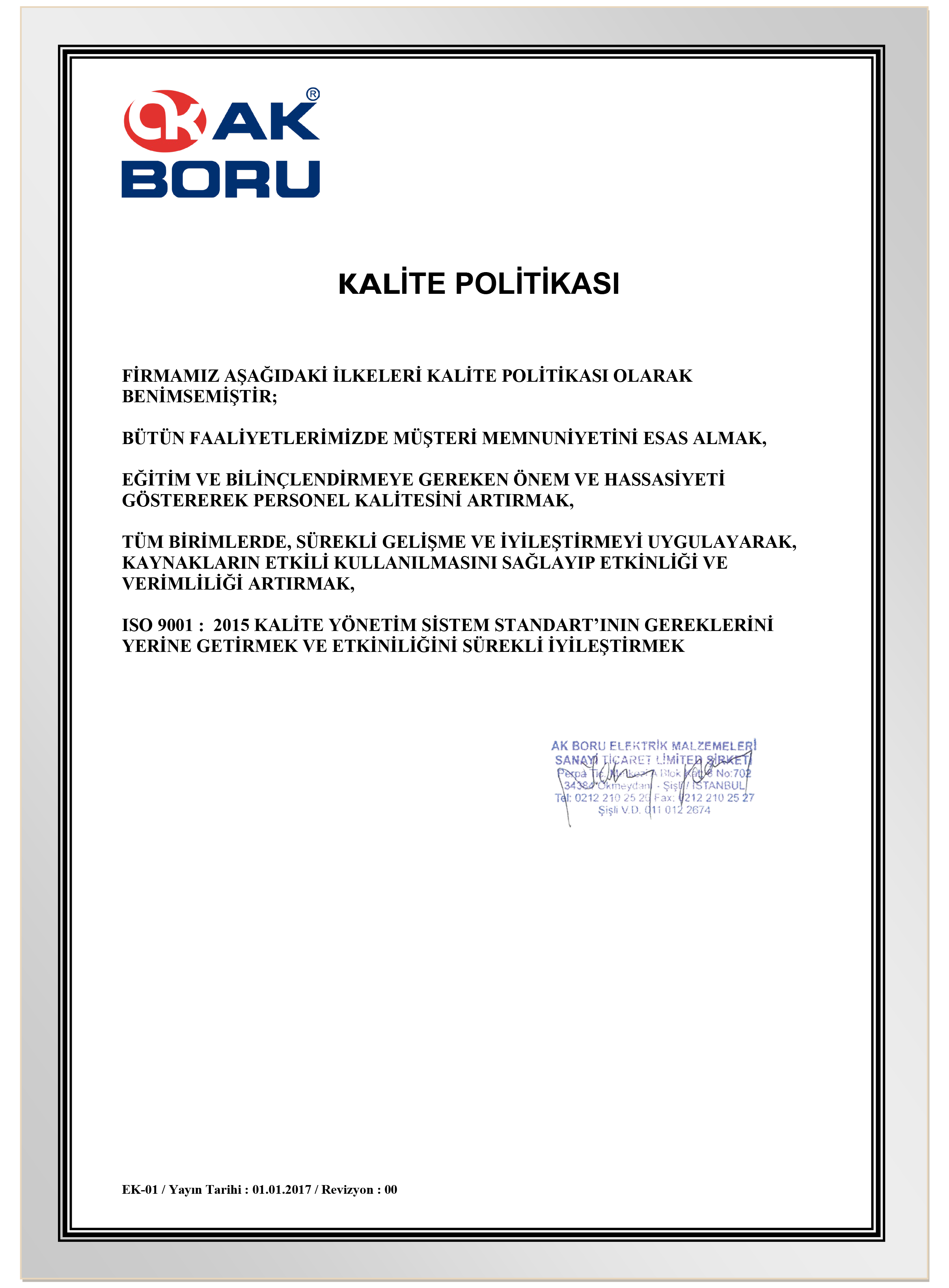 EK-01 Kalite Politika